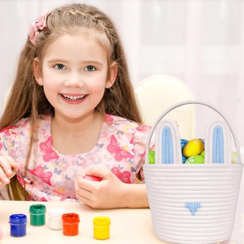 Poschnor Large Easter Basket with Gift Bags and Ribbons, Easter Bunny Basket for Kids, Woven Cotton Rope Basket for gifting, Blue/White - Image 5