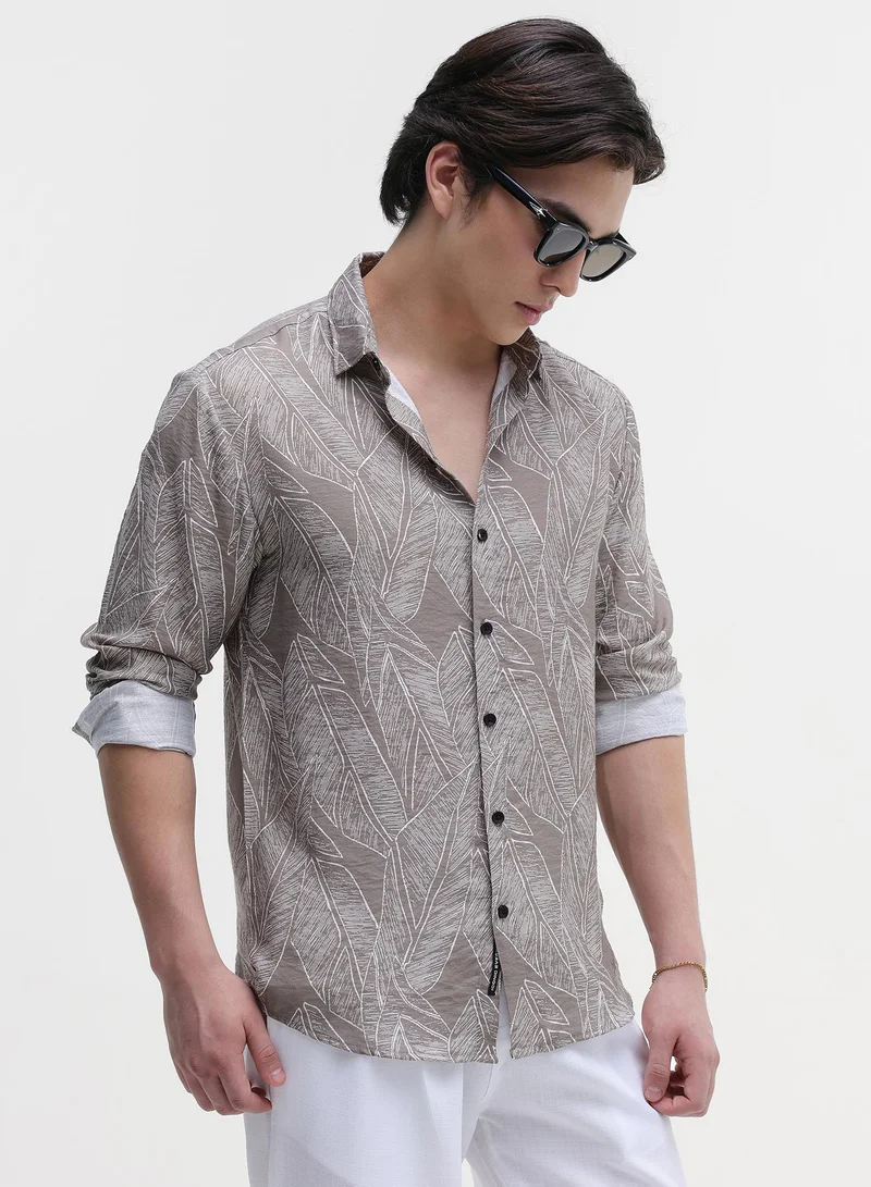 Men's Dk-Beige Printed Regular Shirt For Casual Wear | Collared Neck | Long Sleeve | Button Closure | Viscose Shirt Crafted With Comfort Fit For Everyday Wear