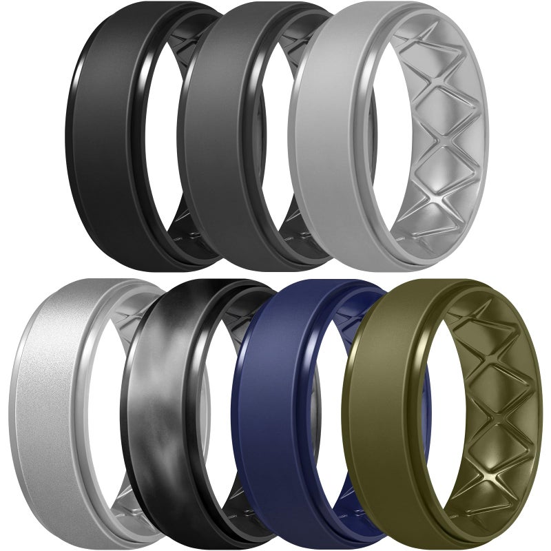 Egnaro Inner Arc Ergonomic Breathable Design, Silicone Rings Mens with Half Sizes, 7 Rings / 4 Rings / 1 Ring Rubber Wedding Bands, 8.5mm Wide-2mm Thick - Image 1