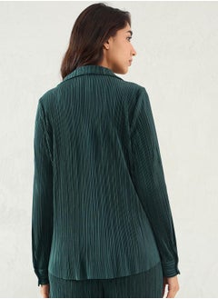 Femmella Green Pleated Notch Lapel Regular Fit Shirt by Styli  - Image 2