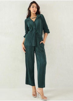 Femmella Green Pleated Notch Lapel Regular Fit Shirt by Styli  - Image 1