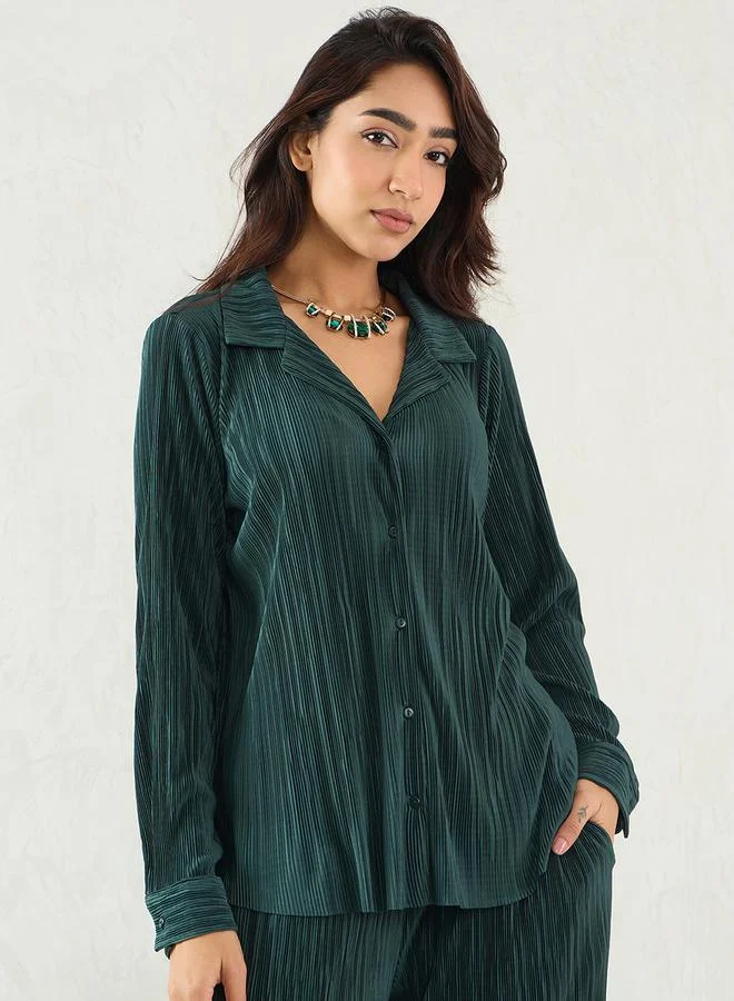 Femmella Green Pleated Notch Lapel Regular Fit Shirt by Styli