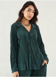 Femmella Green Pleated Notch Lapel Regular Fit Shirt by Styli  - Image 3