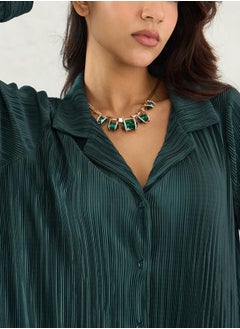 Femmella Green Pleated Notch Lapel Regular Fit Shirt by Styli  - Image 5
