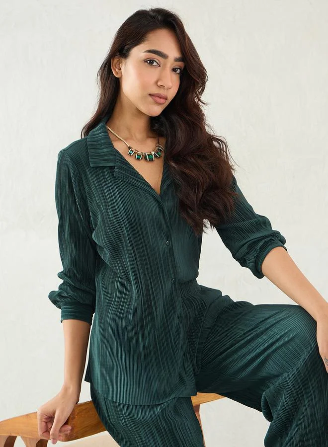 Femmella Green Pleated Notch Lapel Regular Fit Shirt by Styli