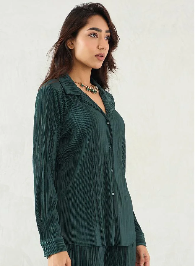 Femmella Green Pleated Notch Lapel Regular Fit Shirt by Styli