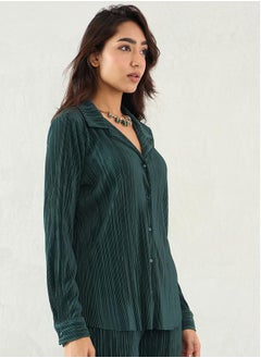 Femmella Green Pleated Notch Lapel Regular Fit Shirt by Styli  - Image 4