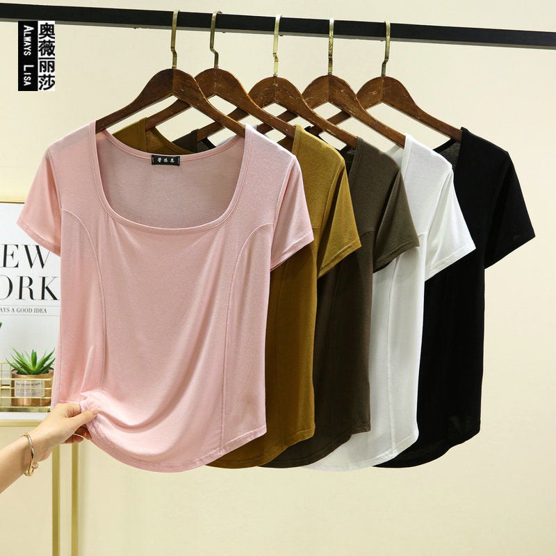 Black Modal Square Collar Short-Sleeved T-Shirt For Women Summer Slim-Fit Off-The-Collarbone Top French Half-Sleeve Base - Image 2