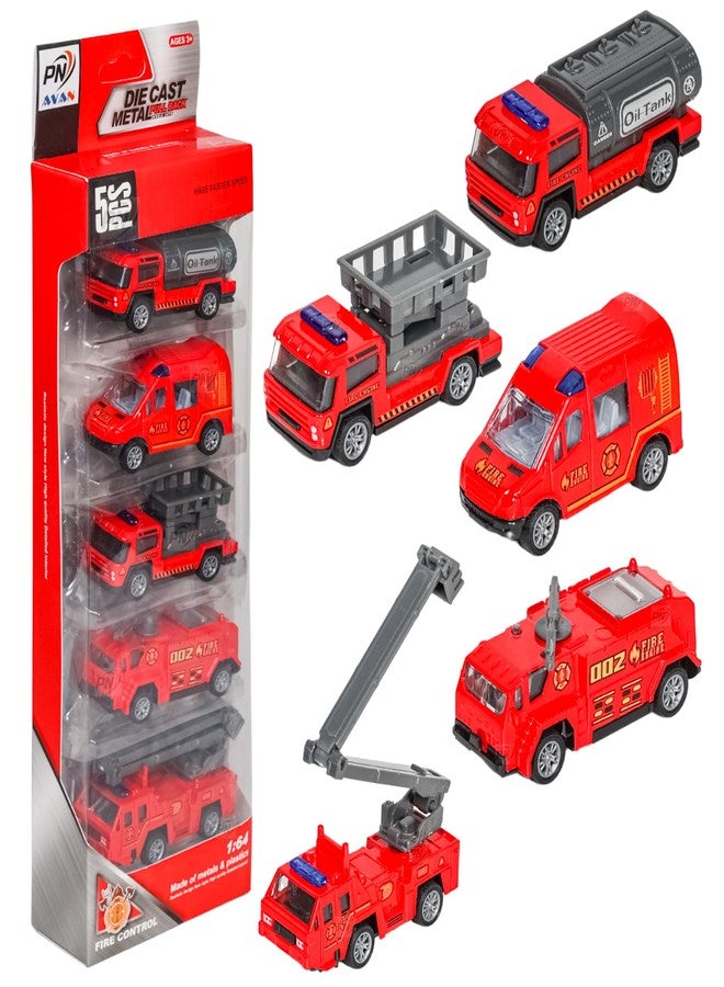 PN AVAN Die Cast Metal Pull Back Toy Vehicles Set, 1:64 Scale, 5 Pieces, Engineering Construction Vehicles Collection (Fire Engine Vehicle) - Image 1