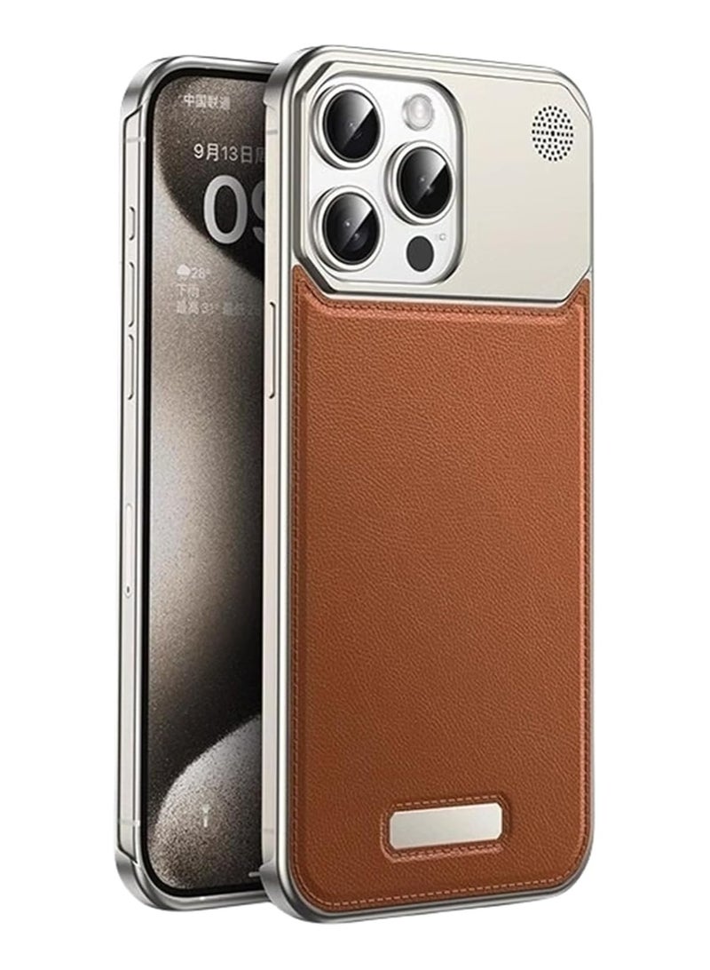 Aviation Aluminum Alloy & Leather Case for iPhone 16 Pro Max – Slim Fit, Lightweight Metal Frame, Top-Grain Leather Back, MagSafe Compatible, Titanium Silver  - Image 1