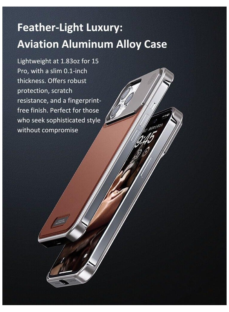 Aviation Aluminum Alloy & Leather Case for iPhone 16 Pro Max – Slim Fit, Lightweight Metal Frame, Top-Grain Leather Back, MagSafe Compatible, Titanium Silver  - Image 2