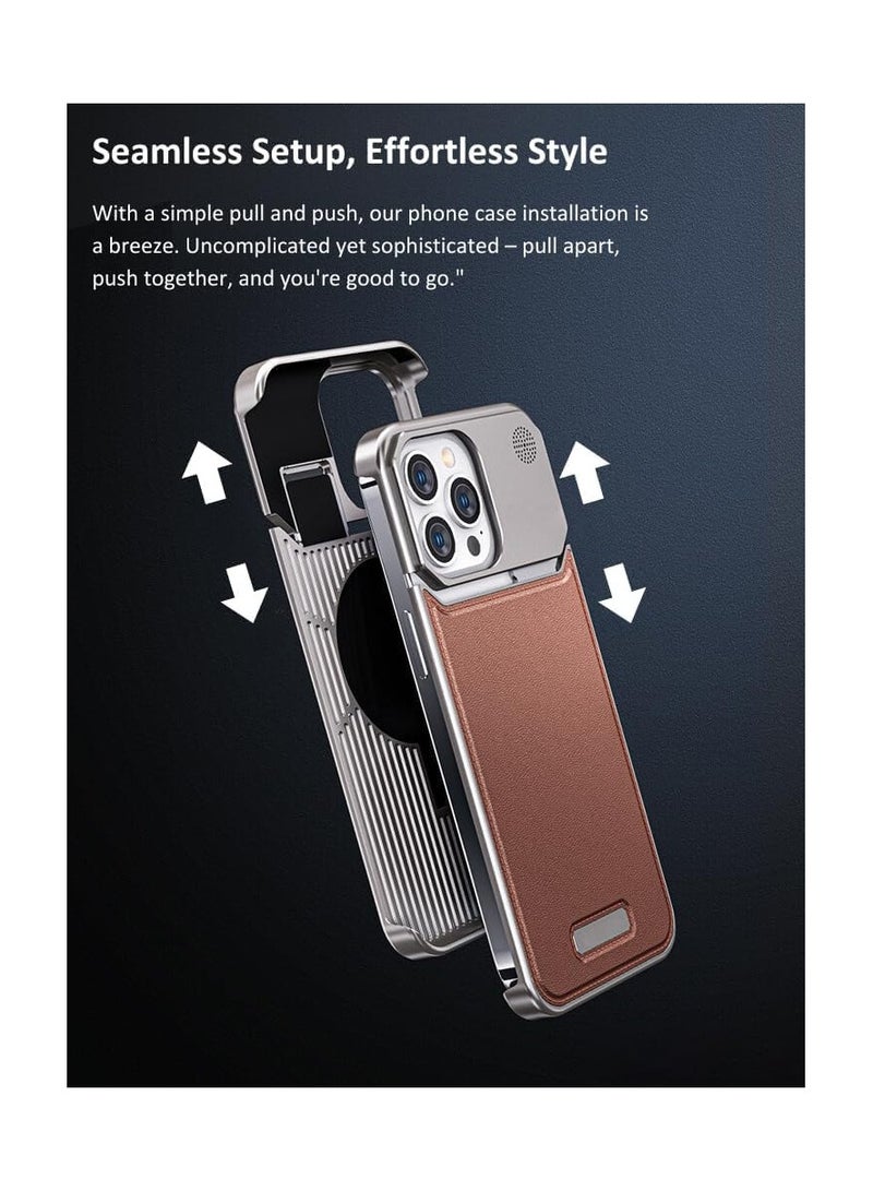 Aviation Aluminum Alloy & Leather Case for iPhone 16 Pro Max – Slim Fit, Lightweight Metal Frame, Top-Grain Leather Back, MagSafe Compatible, Titanium Silver  - Image 3