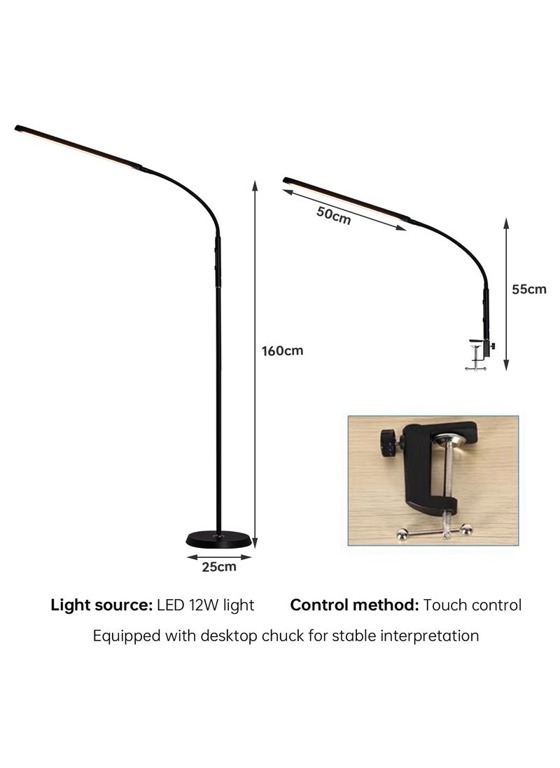 Floor Lamp Convertible Table Desk Light, Stepless Dimming& Color Adjustable Dual-purpose Light, Touch Control Stand Light 360Â° Rotatable Gooseneck Reading Architect Task Lamps for Home Office Black 25x25x160 cm