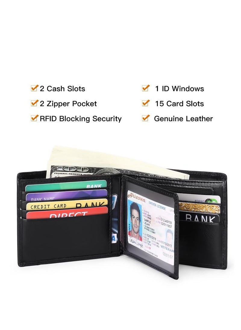 KASTWAVE - Slim Wallet for Men, Slim Minimalist Front Pocket RFID Blocking Leather Wallets for Men Women, Genuine Leather RFID Blocking Bifold Wallet With ID Window and 16 Credit Card Pockets - Image 1