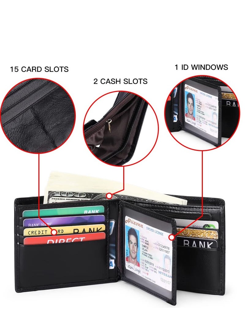 KASTWAVE - Slim Wallet for Men, Slim Minimalist Front Pocket RFID Blocking Leather Wallets for Men Women, Genuine Leather RFID Blocking Bifold Wallet With ID Window and 16 Credit Card Pockets - Image 1