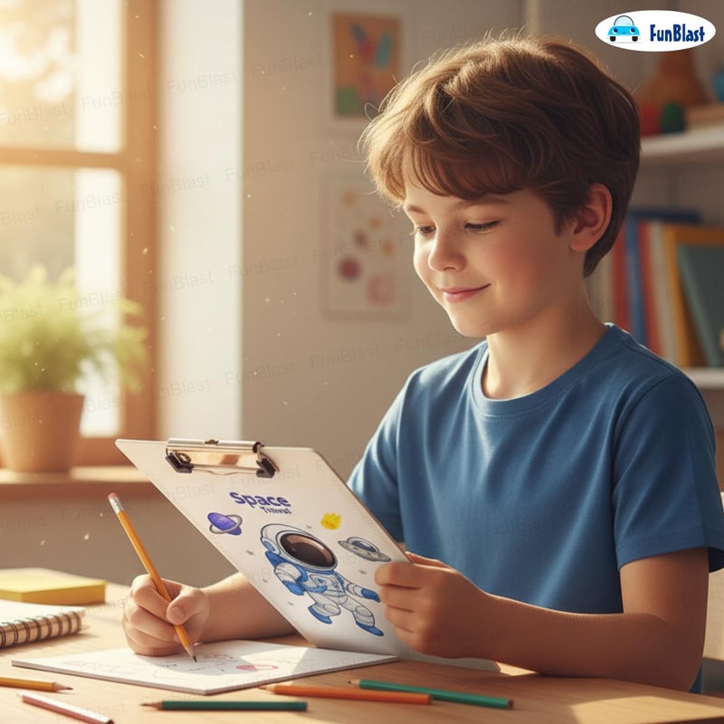FunBlast لوحة امتحان شفافة، لوحة كتابة - تصميم رائد فضاء لطيف مع مسطرة للأولاد والبنات وطلاب المدارس، لوحة كتابة بحجم A4 للاستخدام في المدارس والمكاتب (فضاء) - Image 3