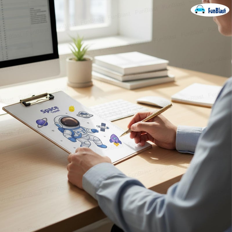 FunBlast لوحة امتحان شفافة، لوحة كتابة - تصميم رائد فضاء لطيف مع مسطرة للأولاد والبنات وطلاب المدارس، لوحة كتابة بحجم A4 للاستخدام في المدارس والمكاتب (فضاء) - Image 5