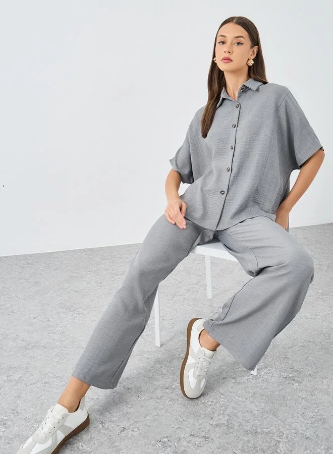 ستايلي Styli Women Grey Relaxed Fit Shirt and Trouser Modest Set