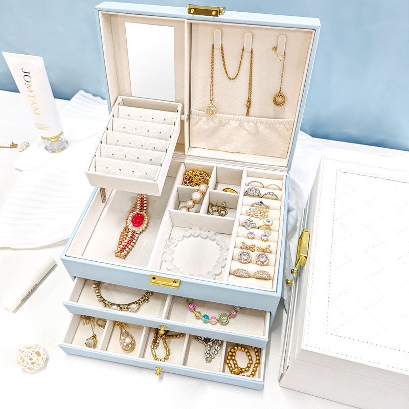 PU Leather Portable Leather Jewelry Box for Rings and Necklaces 23 x 17 x 13.5 cm Pearl White 4 Layer Built In Mirror Sweet Fresh Style - Image 2