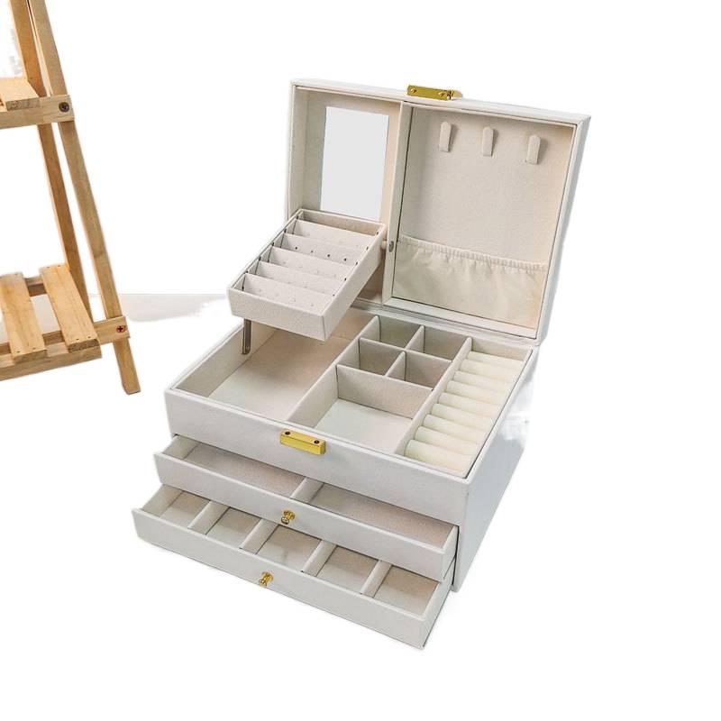 PU Leather Portable Leather Jewelry Box for Rings and Necklaces 23 x 17 x 13.5 cm Pearl White 4 Layer Built In Mirror Sweet Fresh Style - Image 1