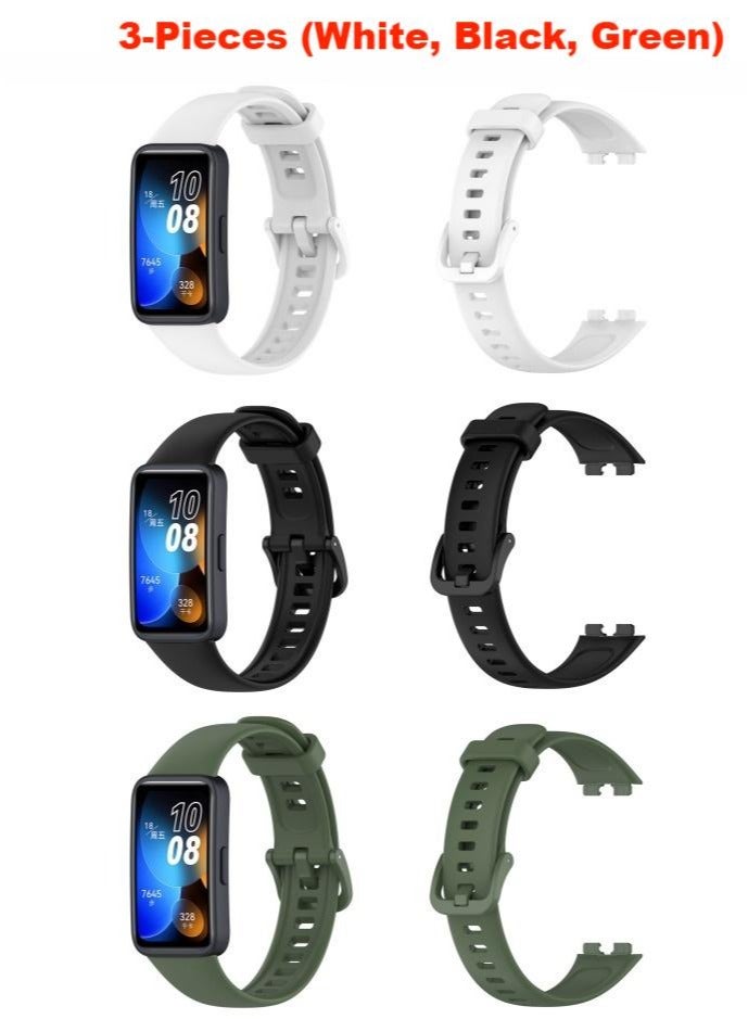 3-Pieces Classic Silicone band Huawei Band 8，Replacement Band Strap Wristband Sport Band，for For Huawei Band 8/Huawei Band 9，waterproof, sweat resistant, comfortable to wear (White/Black/Green) - Image 1