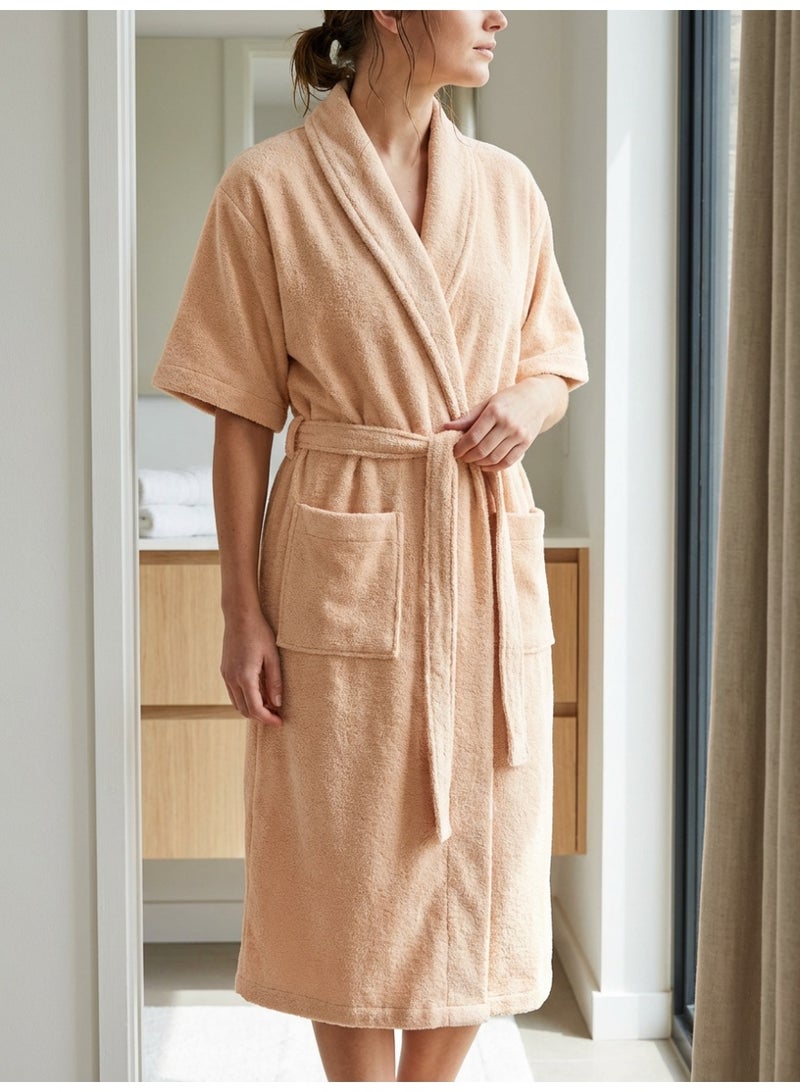 Ambrosia 100% Cotton Medium Terry Bathrobe Unisex Peachy Beige For Ultimate Daily Comfort, Highly Absorbent Luxury Spa Shower Robe And Hotel Quality Loungewear With Front Pockets - Image 4