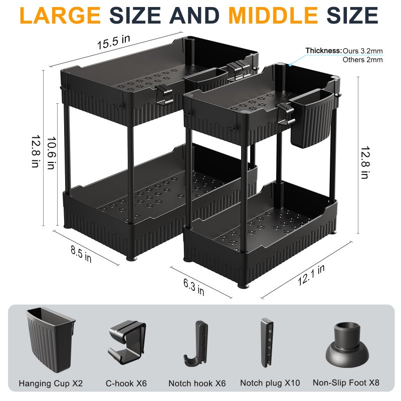 Sevenblue 2 Pack Under Sink Organizer, Under Bathroom Cabinet Organizer with Hooks Hanging Cup, Multi-Purpose Storage Shelf for Kitchen Bathroom, Black - Image 4