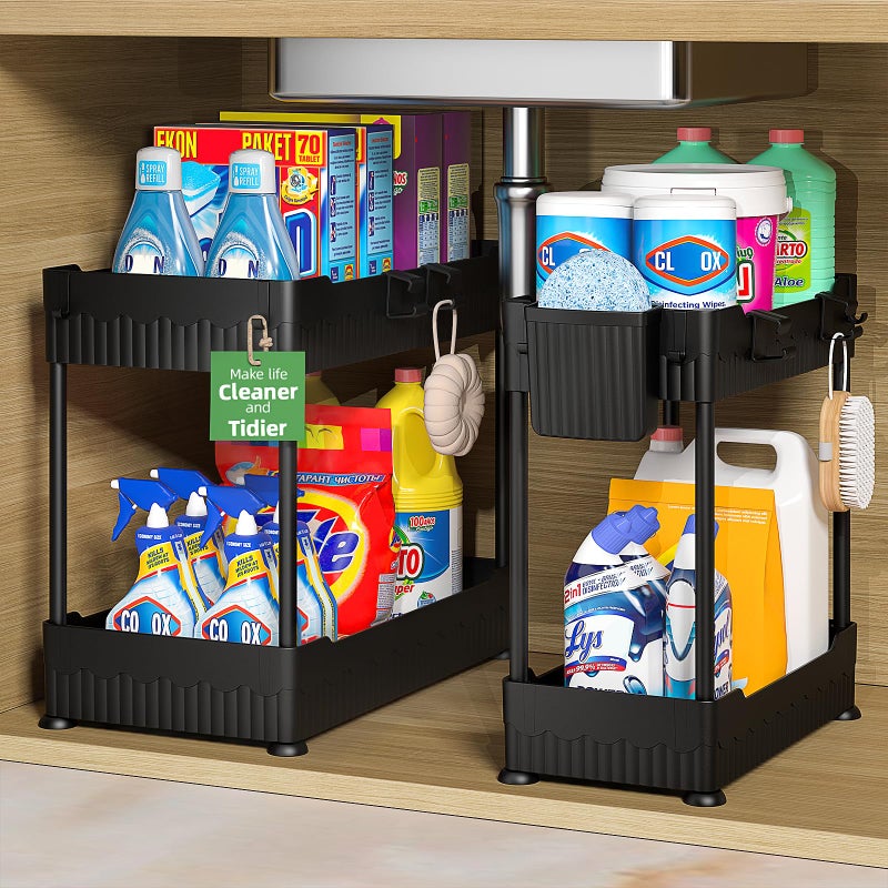 Sevenblue 2 Pack Under Sink Organizer, Under Bathroom Cabinet Organizer with Hooks Hanging Cup, Multi-Purpose Storage Shelf for Kitchen Bathroom, Black - Image 1