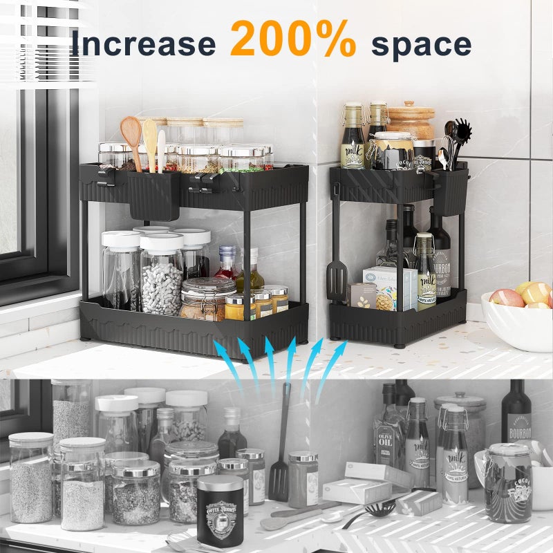 Sevenblue 2 Pack Under Sink Organizer, Under Bathroom Cabinet Organizer with Hooks Hanging Cup, Multi-Purpose Storage Shelf for Kitchen Bathroom, Black - Image 2