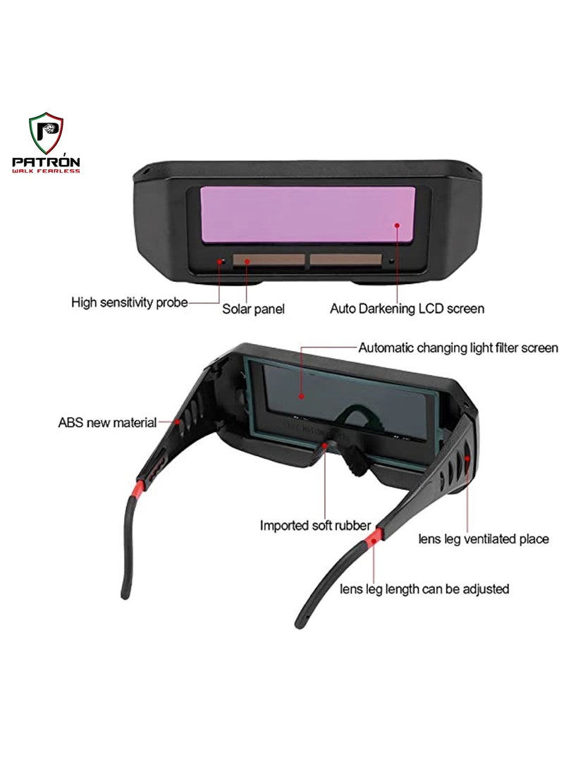 Patron Patron Auto Darkening Welding Goggles, Safety Protective Solar Powered with Adjustable Shade, Sensors Welder Glasses for TIG MIG MMA Plasma, Welder Face Mask with Eye Shield 