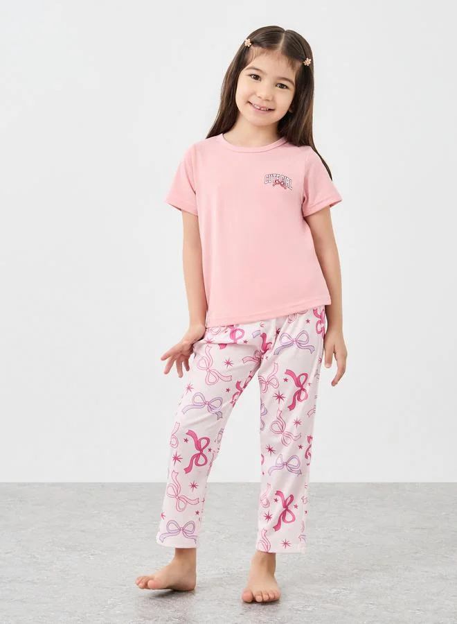 ستايلي Styli Round Neck T-Shirt and Bow Print Pyjama Set