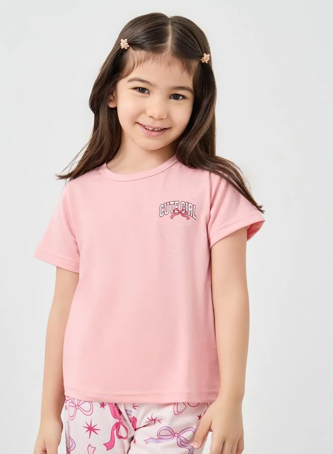 ستايلي Styli Round Neck T-Shirt and Bow Print Pyjama Set