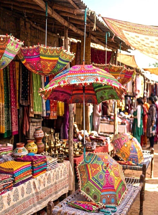LOGRO 2 pieces Decorative Umbrella, Multicolour Embroidered Cotton Canopy, Rajasthani Style, with Mirrors and Tassels, for Weddings and Festivals(Pack of 2Piece) - Image 3