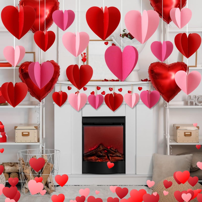 Tinlade 27 Pcs Large 3D Valentines Heart Decorations 7.8 x 7.8 Inch Red Pink Rose Red Paper Hearts Hanging Ornaments for Valentine Wedding Engagement Anniversary Bridal Shower Party Decor - Image 4