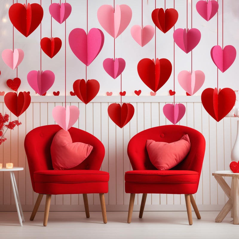 Tinlade 27 Pcs Large 3D Valentines Heart Decorations 7.8 x 7.8 Inch Red Pink Rose Red Paper Hearts Hanging Ornaments for Valentine Wedding Engagement Anniversary Bridal Shower Party Decor - Image 3