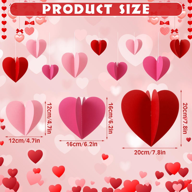 Tinlade 27 Pcs Large 3D Valentines Heart Decorations 7.8 x 7.8 Inch Red Pink Rose Red Paper Hearts Hanging Ornaments for Valentine Wedding Engagement Anniversary Bridal Shower Party Decor - Image 2