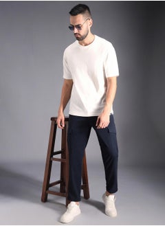 HIGH STAR Slim Fit Navy Cargo Trousers for Men, Mid-Rise, Button Closure, Cotton Stretch Fabric  - Image 1