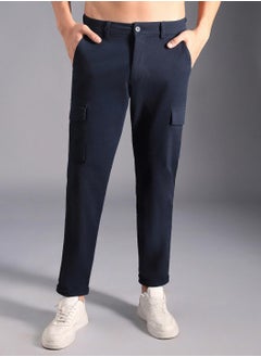 HIGH STAR Slim Fit Navy Cargo Trousers for Men, Mid-Rise, Button Closure, Cotton Stretch Fabric  - Image 2