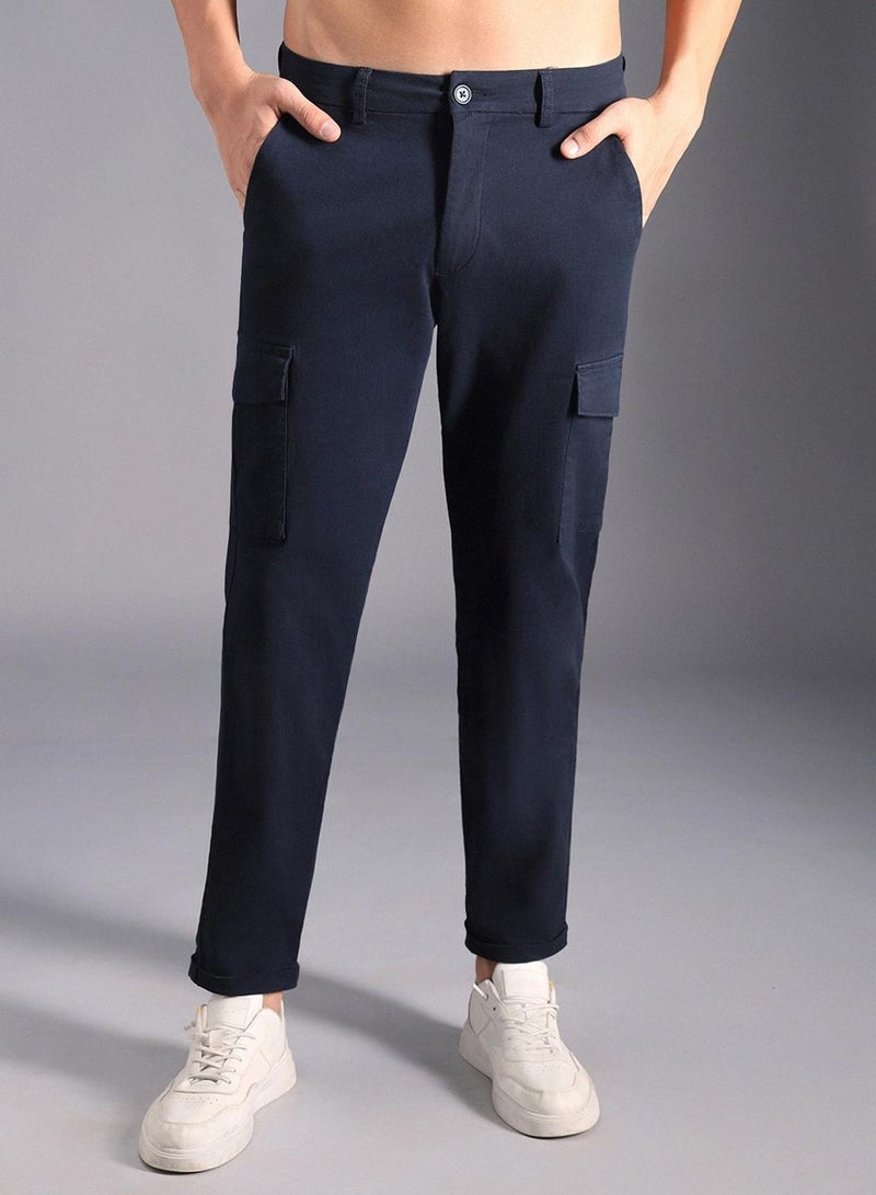 HIGH STAR Slim Fit Navy Cargo Trousers for Men, Mid-Rise, Button Closure, Cotton Stretch Fabric  - Image 2