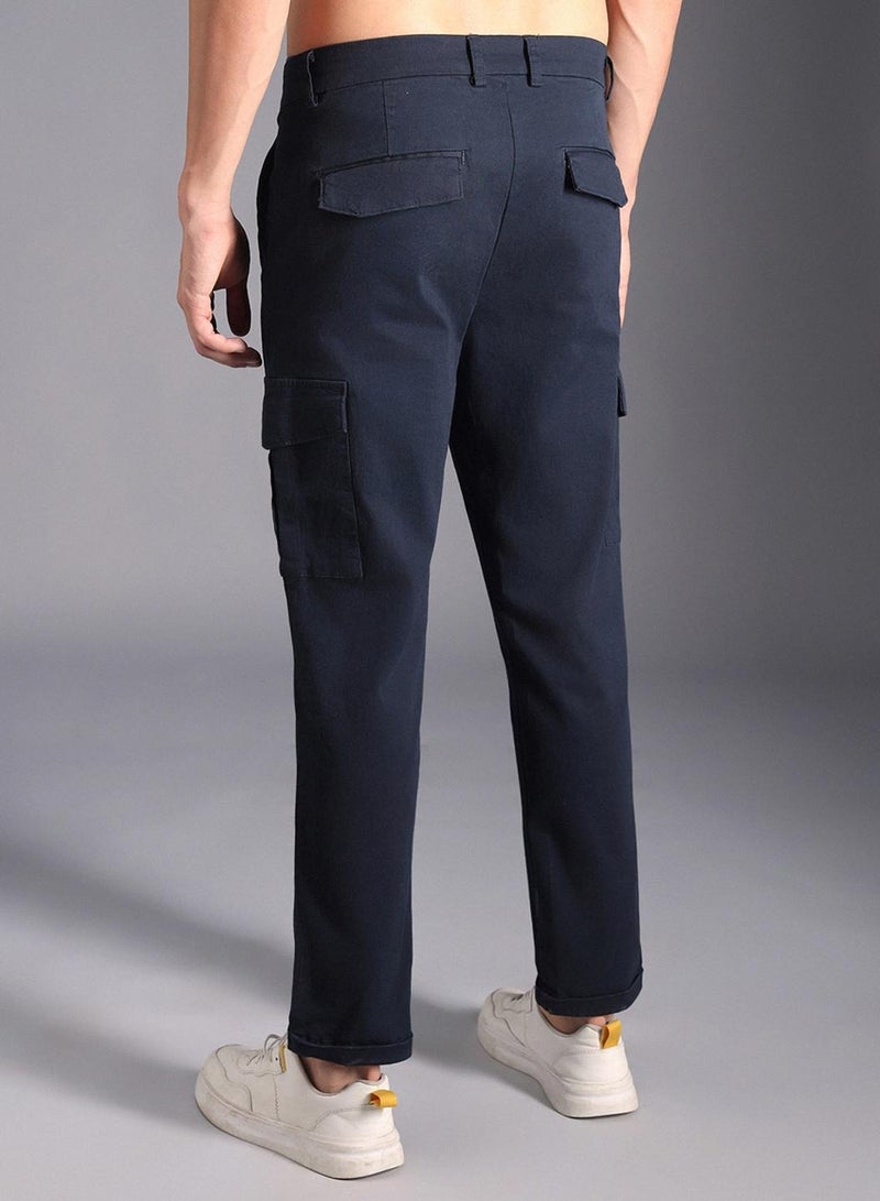 HIGH STAR Slim Fit Navy Cargo Trousers for Men, Mid-Rise, Button Closure, Cotton Stretch Fabric  - Image 3