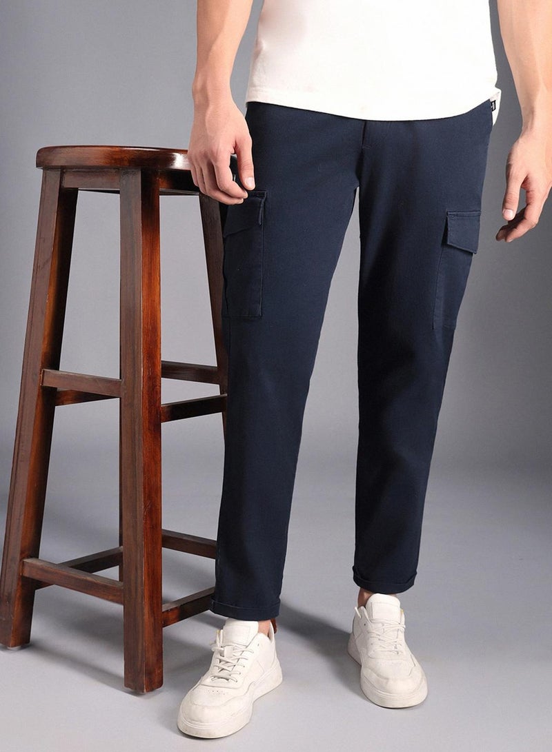 HIGH STAR Slim Fit Navy Cargo Trousers for Men, Mid-Rise, Button Closure, Cotton Stretch Fabric  - Image 5