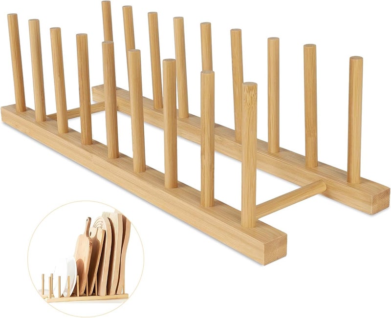 SAMEBUTECO Bamboo Wooden Dish Racks Plate Organizer for Cabinet Space Saver 8 Slots Dish Pots Lids Bowls Cups and Cutting Boards and Books Vertical Drainer - Image 1
