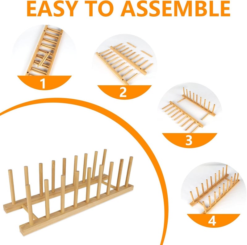 SAMEBUTECO Bamboo Wooden Dish Racks Plate Organizer for Cabinet Space Saver 8 Slots Dish Pots Lids Bowls Cups and Cutting Boards and Books Vertical Drainer - Image 3