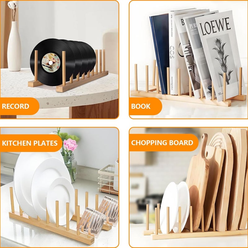 SAMEBUTECO Bamboo Wooden Dish Racks Plate Organizer for Cabinet Space Saver 8 Slots Dish Pots Lids Bowls Cups and Cutting Boards and Books Vertical Drainer - Image 5