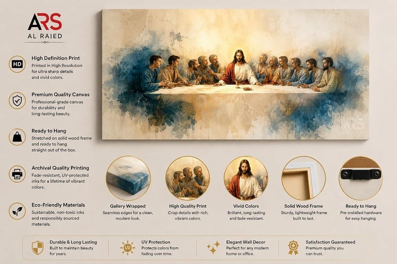 ARS Graphics ARS® The Last Supper Canvas Wall Art 40 X 70 CM - Jesus Christ and 12 Apostles Watercolor Painting Print - Image 3