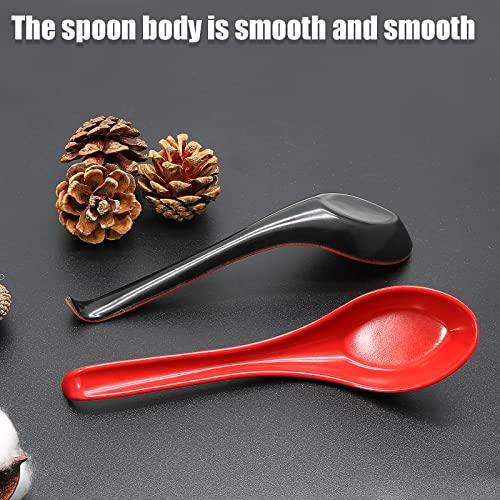 Cionyce 2PCS Wonton Soup Spoons, Chinese Japanese Miso Ramen Dumpling Pho Rice Noodle Soba Soup Spoons, Red and Black Melamine Spoons - Image 4