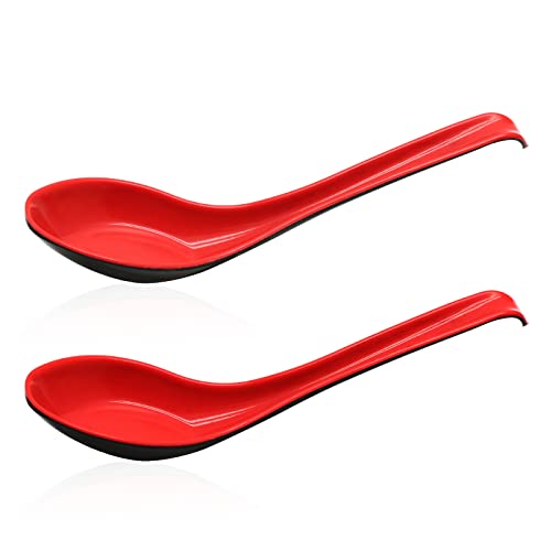 Cionyce 2PCS Wonton Soup Spoons, Chinese Japanese Miso Ramen Dumpling Pho Rice Noodle Soba Soup Spoons, Red and Black Melamine Spoons - Image 1