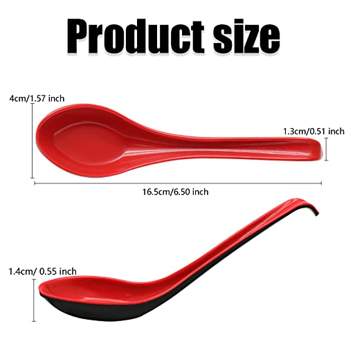 Cionyce 2PCS Wonton Soup Spoons, Chinese Japanese Miso Ramen Dumpling Pho Rice Noodle Soba Soup Spoons, Red and Black Melamine Spoons - Image 2