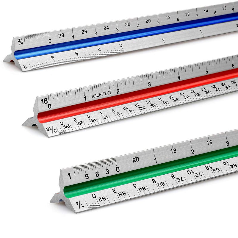 Hutou 12" Architectural Scale Ruler Aluminum Architect Scale Triangular Scale Ruler for Architects, Draftsman, Students and Engineers, Color-Coded (1 Pack) - Image 1