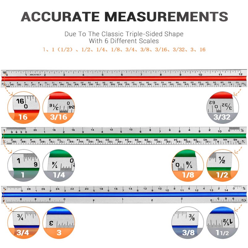 Hutou 12" Architectural Scale Ruler Aluminum Architect Scale Triangular Scale Ruler for Architects, Draftsman, Students and Engineers, Color-Coded (1 Pack) - Image 3